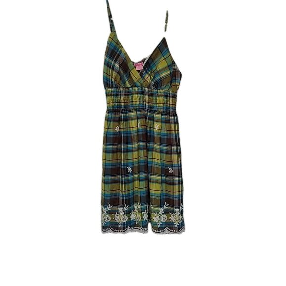 She's Cool Sundress L Short Babydoll Mini Plaid Embroidered Y2K Fairy Boho Fest - Picture 3 of 11
